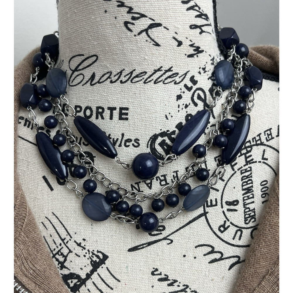 Talbots Multi Strand Statement Necklace Two Toned Blue Beads Silver Tone Chain